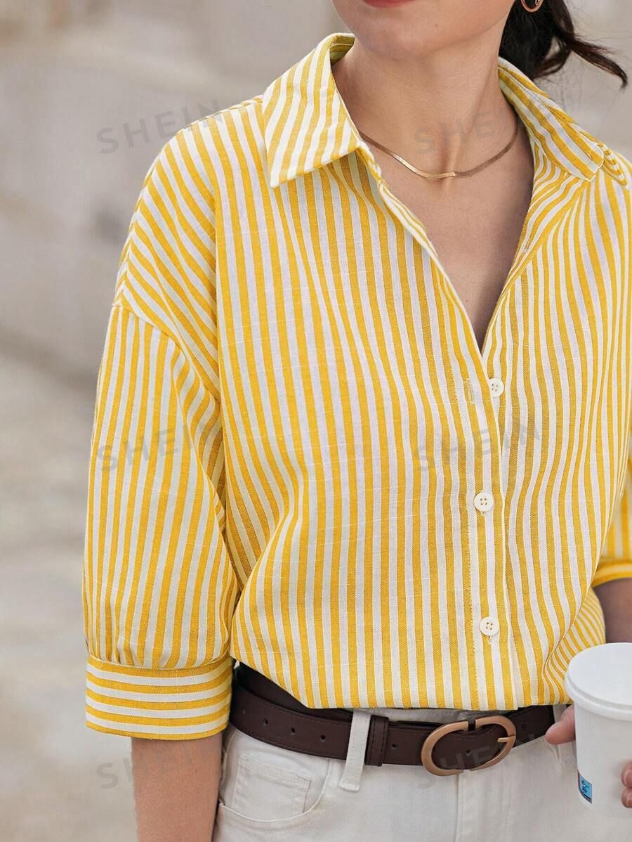 Poéselle Drop Shoulder Shirt Women's Long Sleeve Striped Shirt.