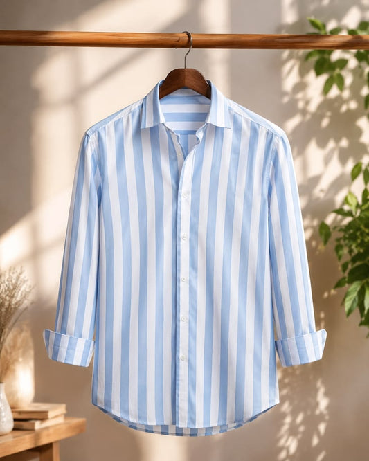 Premium Light Blue and White Vertical Striped Men’s Casual Shirt for Summer