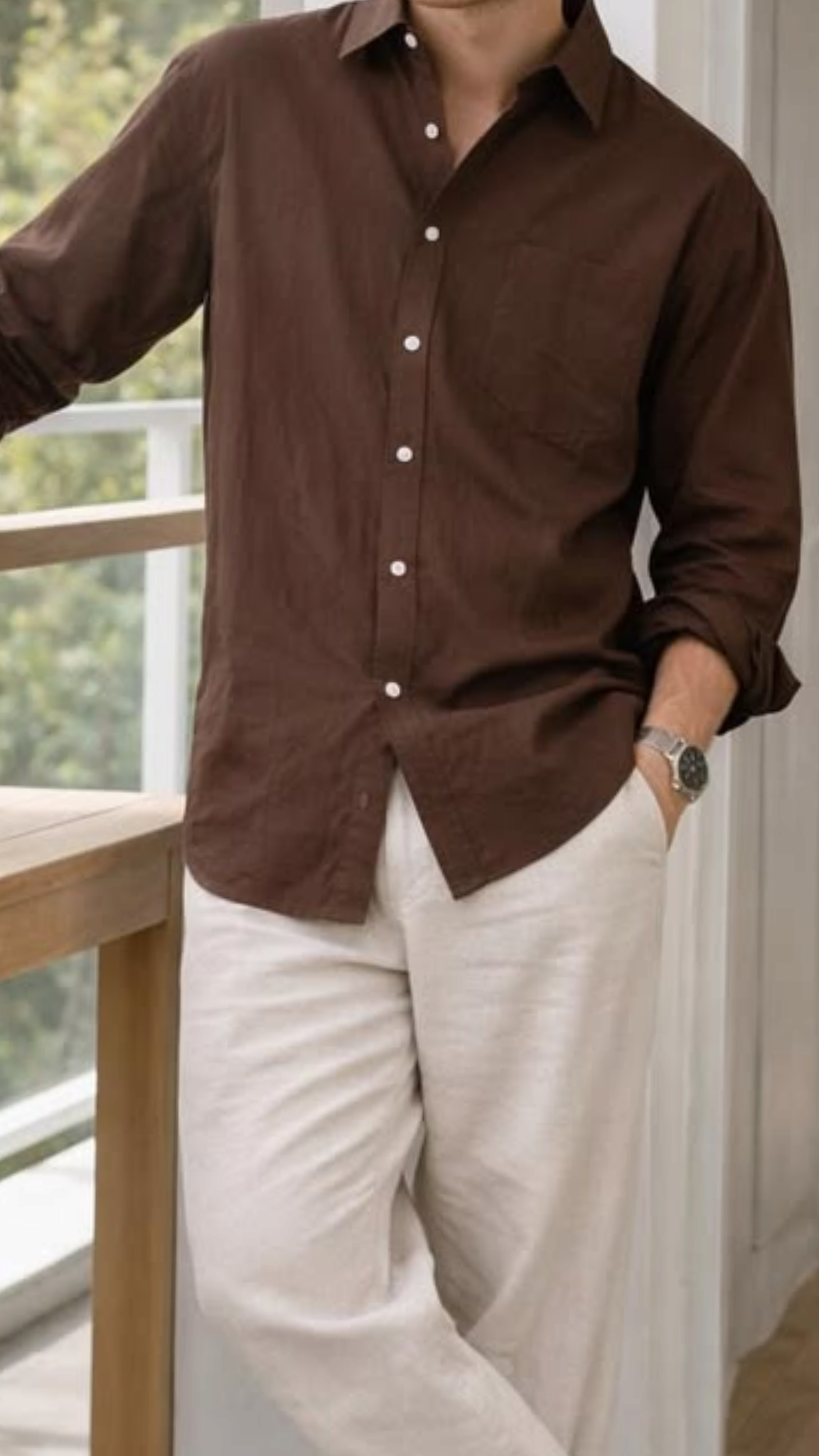 Brown Linen Shirt & Cream Trousers | Minimalist Men’s Summer Outfit Idea